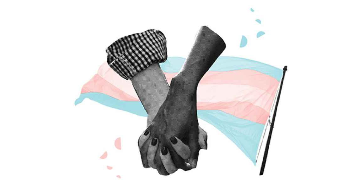 两只手牵着手站在变性人骄傲的旗帜前