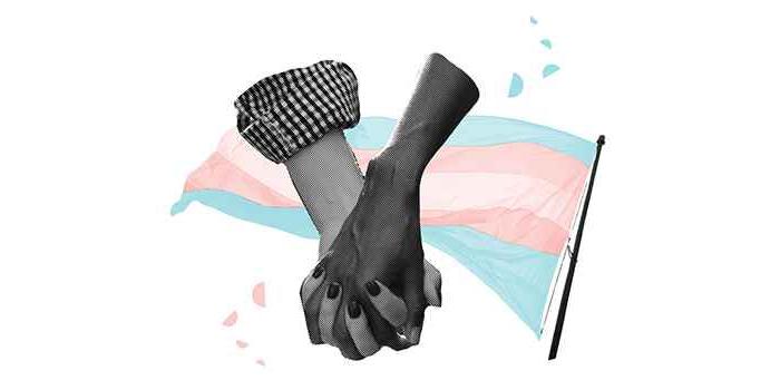 两只手牵着手站在变性人骄傲的旗帜前